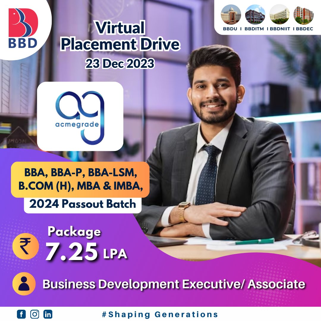 BBD_UNIVERSITY's tweet image. Looking back on our successful Virtual Placement Drive held on 23rd December 2023 for the 2024 Batch passouts! We had the privilege of hosting #AxisBank, #Acmegrade, and #IPHTechnologies

 #BBDGroup. #CampusPlacement #JobOpportunity #TechGeek