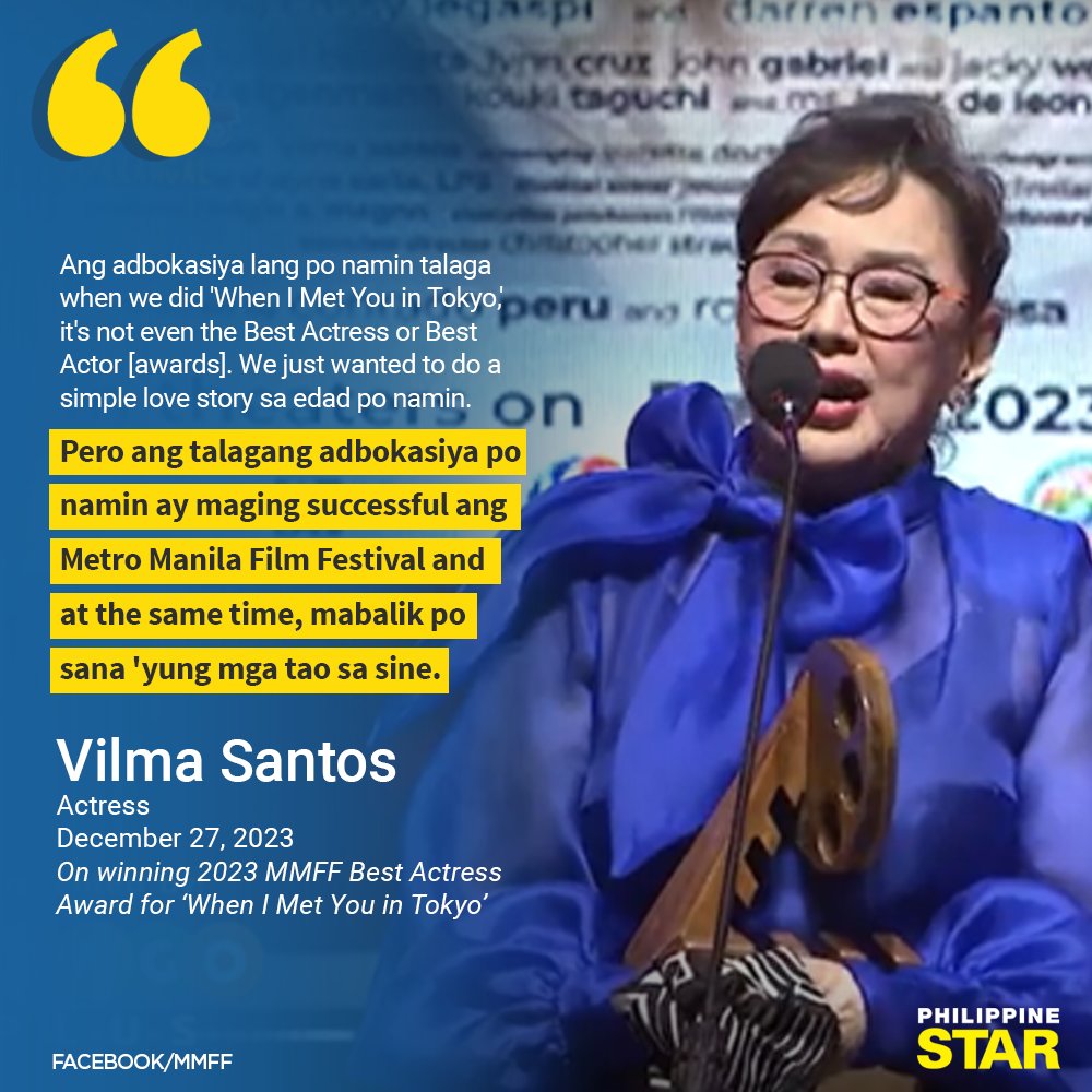 PhilippineStar's tweet photo. 'MABALIK PO SANA 'YUNG MGA TAO SA SINE'

Vilma Santos urged Filipinos to support local films and help revive the culture of watching films in the Philippine theaters. https://t.co/6H4F6d1yai