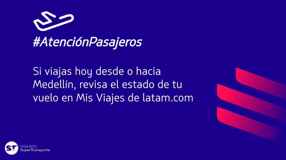 #AtenciónPasajeros Debido a las condiciones climáticas presentes en el aeropuerto de Medellín, nuestros vuelos podrían verse afectados. Te recomendamos revisar el estado de tu vuelo en la sección Mis viajes en latam.com