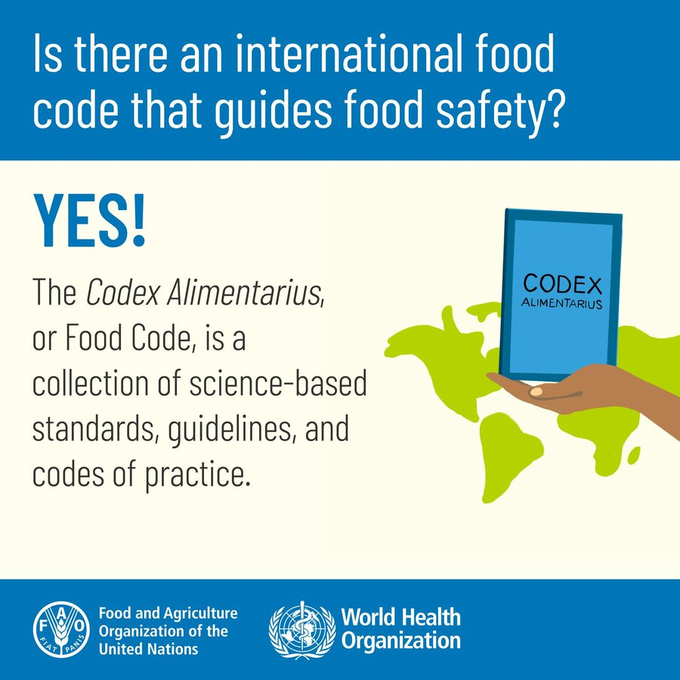 FAOWHOCodex's tweet photo. 🤔 | Is there an international food code that guides food safety❓
✅YES❕✅
👉 The Codex Alimentarius or "Food Code", is a collection of science-based standards, guidelines, and codes of practice.
➕ℹ️➡️ https://t.co/HVJDuRlkcy
#Codex60 | #FoodSafety https://t.co/W9rvupA3mj