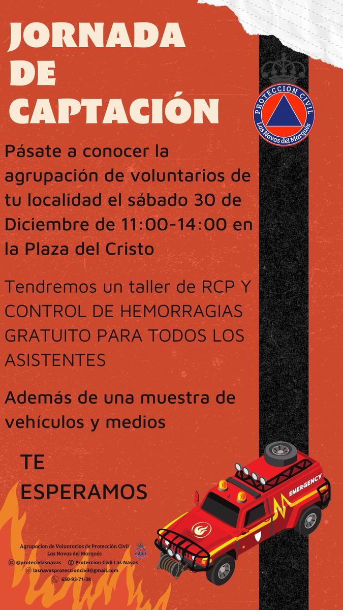 TurismoLasNavas's tweet photo. Pásate el próximo sábado, de 11 a 14 por la plaza del Cristo, y conoce la agrupación de voluntarios Protección Civil - Las Navas Del Marqués.
¡Con un taller gratuito de RCP y control de hemorragias! https://t.co/g4dWQFBk6b