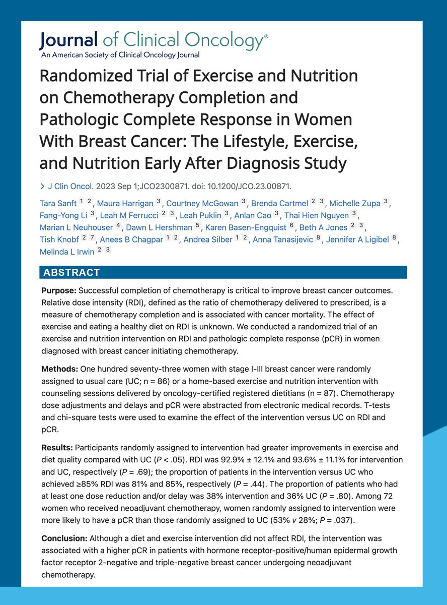 Dana-Farber’s Breast Oncology Center (@dfci_breastonc) on Twitter photo New <a href="/JCO_ASCO/">Journal of Clinical Oncology</a>🗞️| RCT of Exercise and Nutrition on Chemotherapy Completion and Pathologic Complete Response in Women With #BreastCancer: The Lifestyle, Exercise, and Nutrition Early After Diagnosis Study.
<a href="/tarasanftmd/">Tara Sanft</a> #JenniferLigibel <a href="/DrDawnHershman/">Dawn Hershman</a>
👉pubmed.ncbi.nlm.nih.gov/37656930/ New <a href="/JCO_ASCO/">Journal of Clinical Oncology</a>🗞️| RCT of Exercise and Nutrition on Chemotherapy Completion and Pathologic Complete Response in Women With #BreastCancer: The Lifestyle, Exercise, and Nutrition Early After Diagnosis Study.
<a href="/tarasanftmd/">Tara Sanft</a> #JenniferLigibel <a href="/DrDawnHershman/">Dawn Hershman</a>
👉pubmed.ncbi.nlm.nih.gov/37656930/