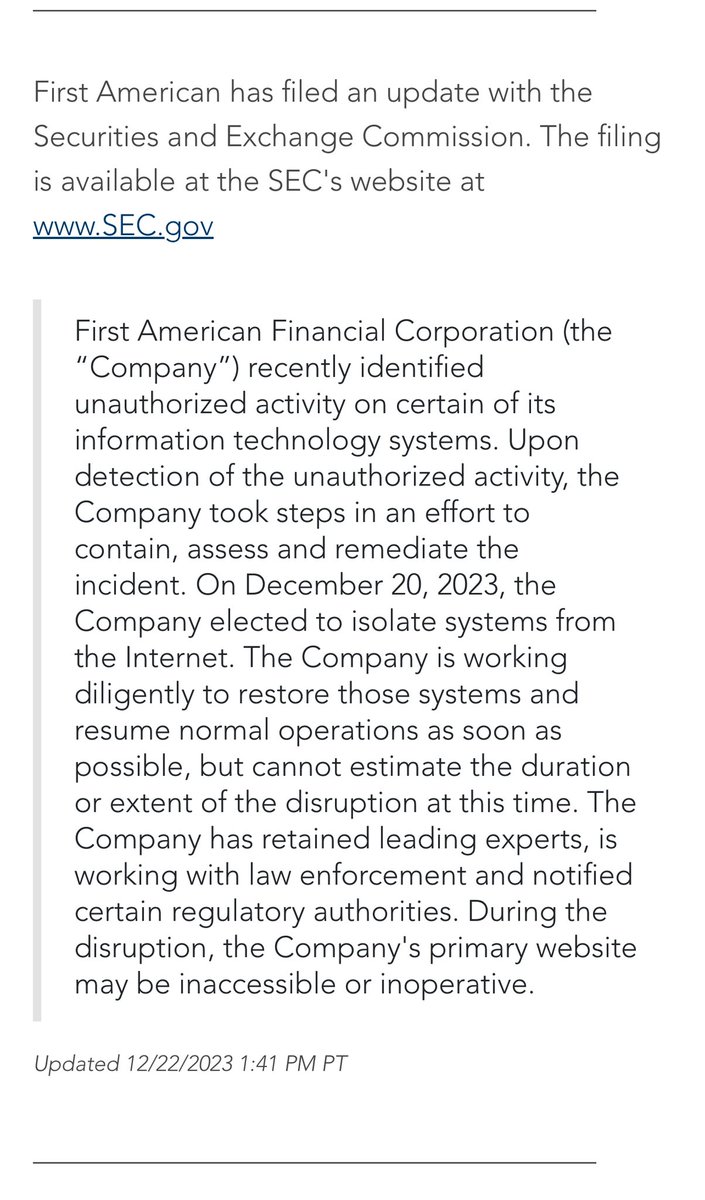 MariliCancio's tweet photo. For 7 days now and no update from First American. This is unbelievable and affecting thousands of customers with terrible financial implications. #Hacking #FirstAmerican #RealEstate #NoNewsCoverage https://t.co/FtI5XQjVea