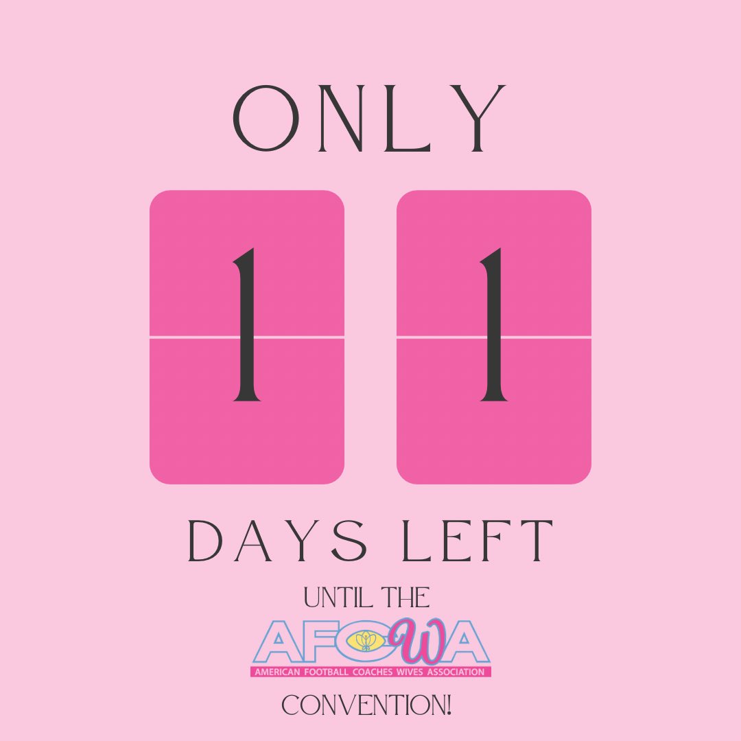 Ladies! Only 11 days left until our annual Convention and we cannot wait! There is still time to register. Head over to afcwa.org today! 🩷✨🏈

🗓️: January 7-10 2024
📍: Nashville, TN 

See you there!