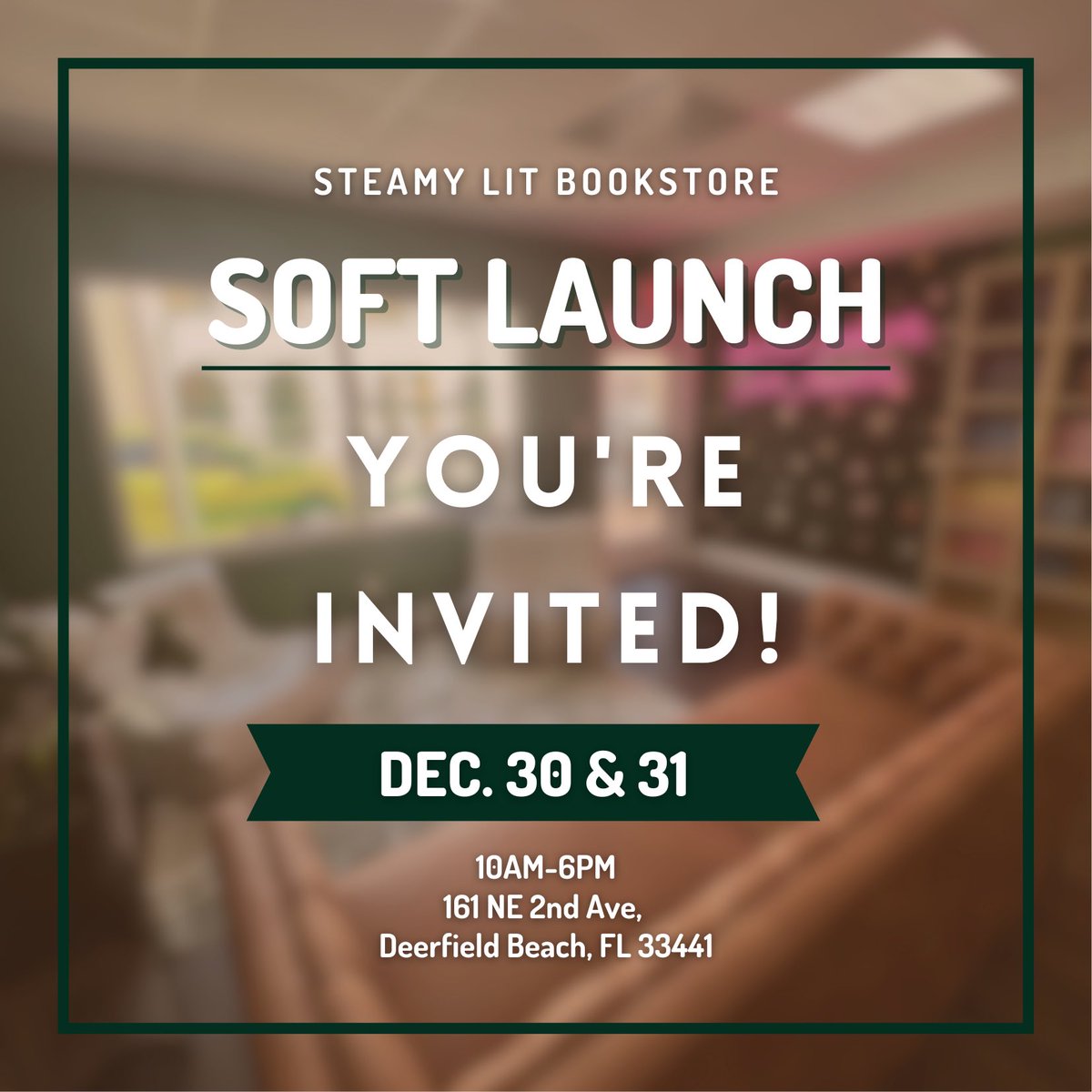 #BookTwitter please help me spread the word that after a couple of obstacles we are finally able to do our soft opening for Steamy Lit Romance Bookstore! 

Located in Deerfield Beach, FL - soft opening is 12/30 and 12/31 from 10-6p! Come join us 💃🏽