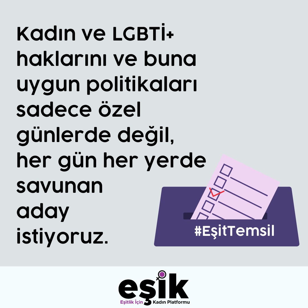 esik_platform's tweet photo. #EşitlikİçinKadınPlatformu olarak kadın ve LGBTİ+ haklarını ve buna uygun politikaları sadece  özel günlerde değil, her gün her yerde savunan aday istiyoruz. 

#eşittemsil #KadınAday https://t.co/5cbDfPldoB