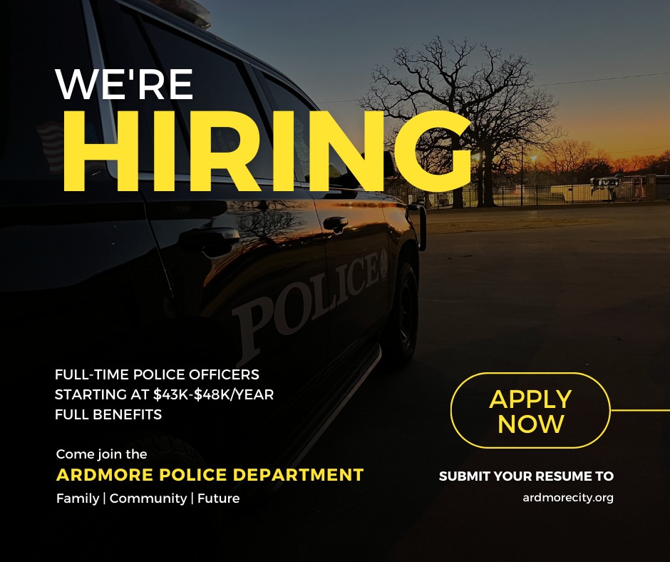 ardmorepd's tweet photo. -NOW HIRING-
The Ardmore Police Department is a 54-officer department with a 20-year retirement and great medical benefits. We are working 12-hour shifts that have you off 16 days a month with a 3-day weekend every other week.

Apply online today: https://t.co/VXB22jqQgP https://t.co/yPBkBzW34C