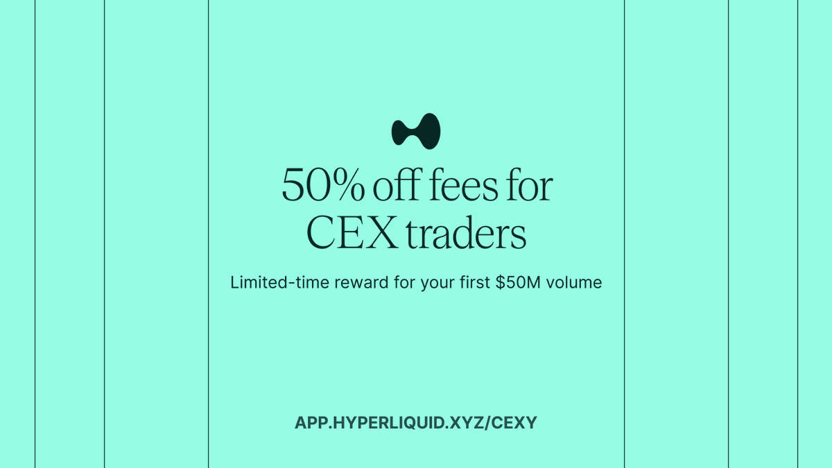 Switch to Hyperliquid for a holiday gift 🎁 CEX traders get 50% off fees  for your first $50M volume. Go to https://t.co/D7naxWw7KA to get started.  Fees become 0.012% taker and 0.002% maker