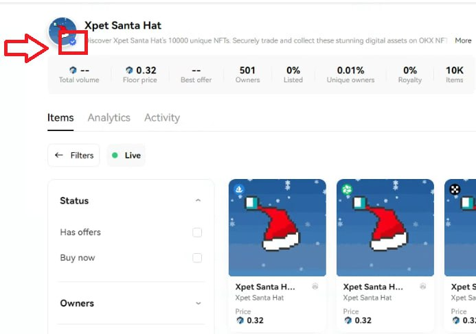 xpet_tech's tweet image. Make sure you&apos;re trading the right Xpet Santa Hat; if you make a mistake, your pet will be very sad.

Verified NFT has a check mark in the corner

Additionally, &quot;Xpet Santa Hat&quot; is being distributed to the wallet of the winners. stay tuned!

Official @okxweb3  Marketplace:…