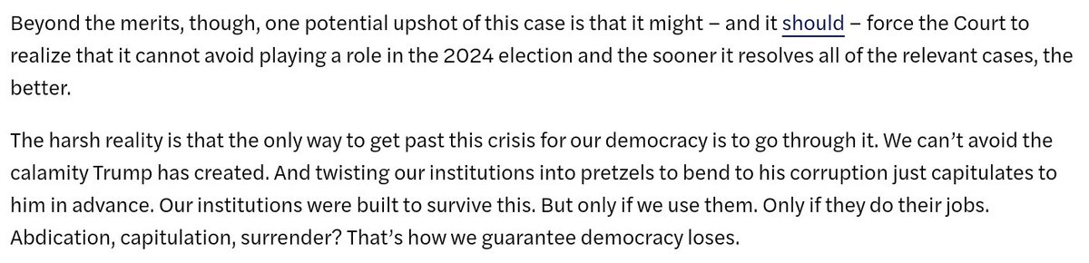 Yes, disqual could have severe consequences/enter new territory. But via @ianbassin, if trying to end lawful constitutional democracy is not deemed disqualifying, it could also cross a Rubicon: 11/

protectdemocracy.org/work/trump-bal…
