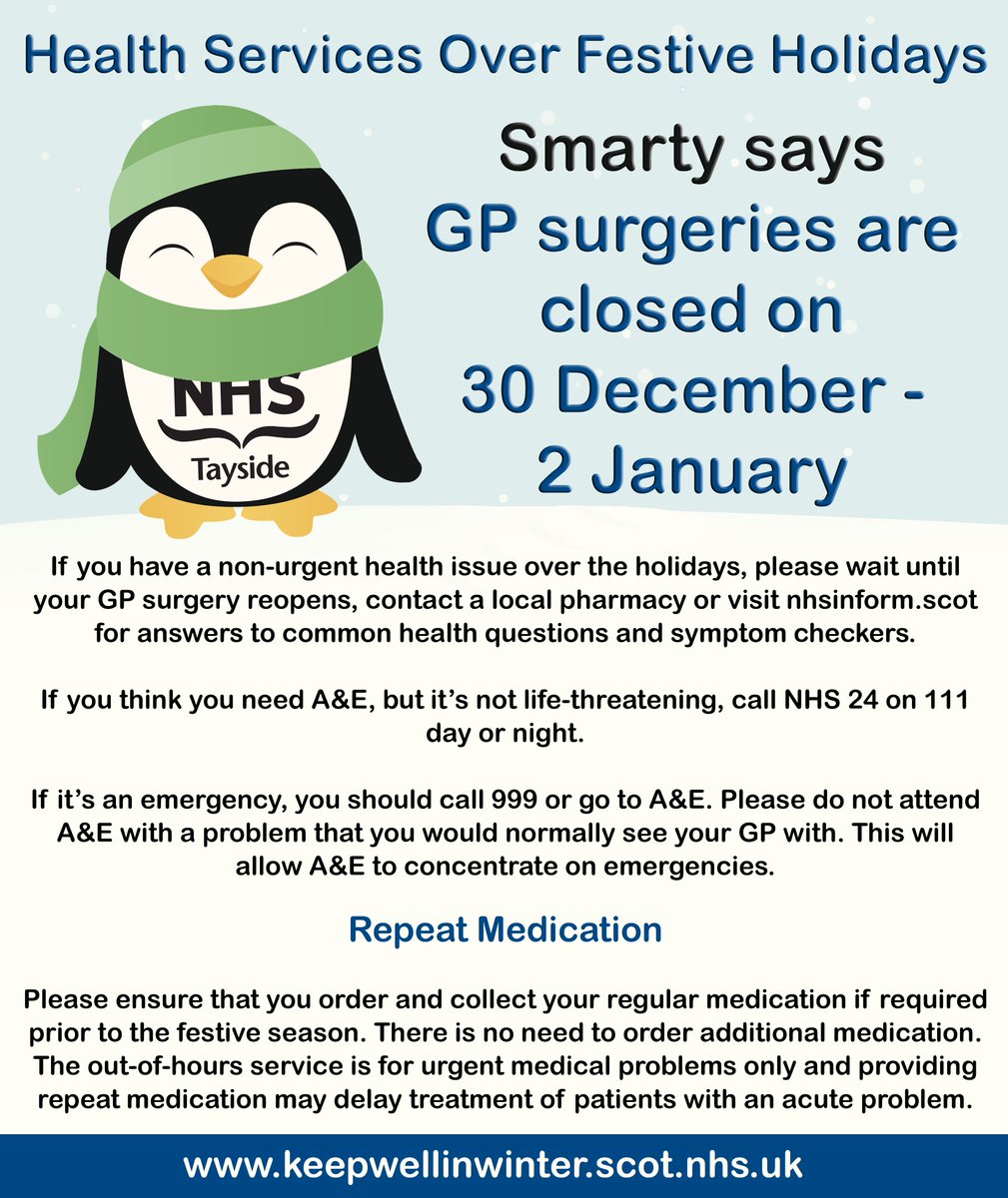 GPs are closed 30 Dec - 2 Jan. Know where to get the right care in the right place this festive season. Find out more at keepwellinwinter.scot.nhs.uk Festive opening times for community pharmacies >> tinyurl.com/fm95nxkv