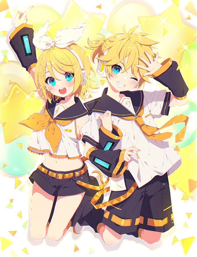 kagamine len ,kagamine rin 1girl 1boy blonde hair smile shorts sailor collar one eye closed  illustration images