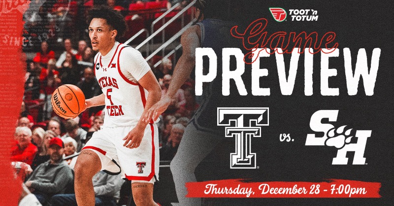 TexasTechMBB's tweet photo. Sam Houston 🆚 Texas Tech

⏰ 7 p.m., Thursday
📍 @UnitedSpArena 
📺 @ESPNPlus 📻 @GunsUpRadio 

#TTW | @tootntotum