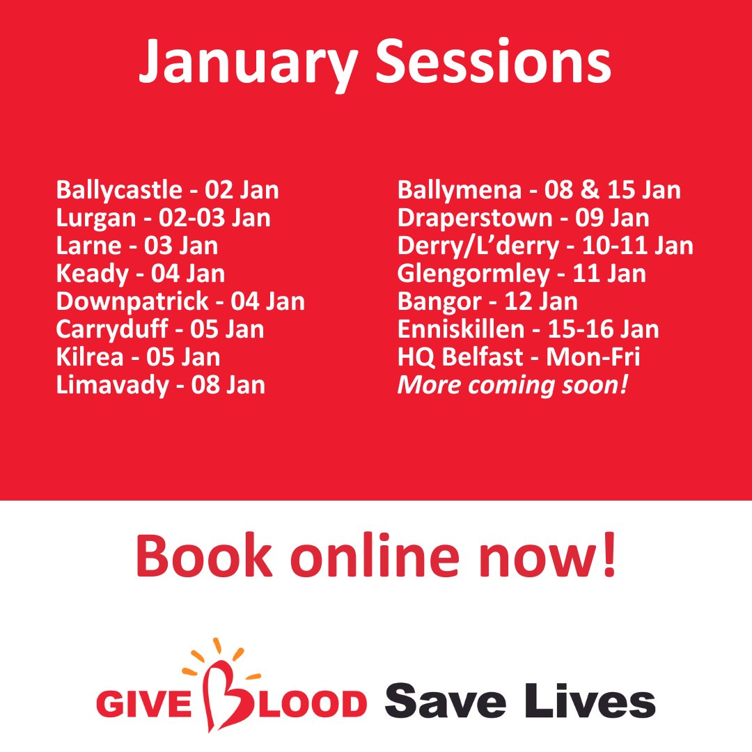 GiveBloodNI's tweet photo. Book online now to join us at any of these community #blooddonation sessions in January  - https://t.co/tlVCbYnPE2 📱🙌

Remember, you can also #giveblood Mon-Fri at our HQ, Belfast City Hospital with free parking 👍

Give blood, save lives 🩸❤️
#lifesaver #northernireland https://t.co/1wc5K3nNfm