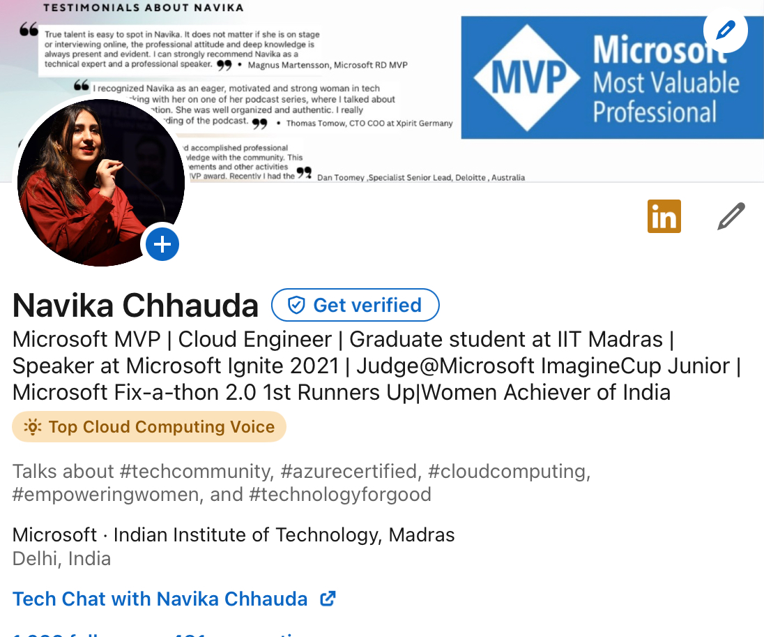 NChhauda's tweet photo. Ending 2023 with one more accolade! Recognised as “LinkedIn Top Voice for Cloud Computing and Presentation Skills”❤️ 
#mvpbuzz #microsoftmvp #cloudcomputing #Azure #technology https://t.co/kMnrXrygcv