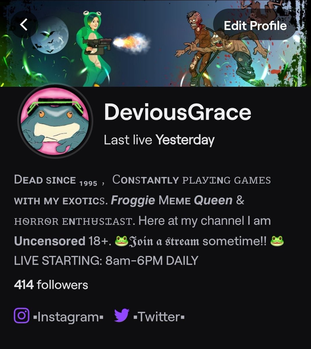 Come on guys just 6 followers away & we have only 4 days left till the end of the year to make our 420 follower goal.

DeviousGrace: twitch.tv/DeviousGrace

#Rt to help your froggie Queen out!!

#Twitch #Twitchaffilate #twitchtv #streamer #Support #StreamerSupport #Horror #frog