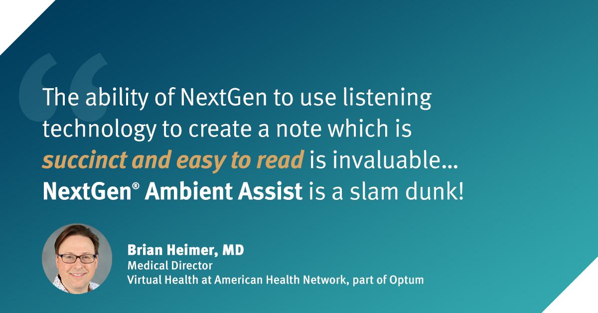 KyleBrant1's tweet photo. Ambient listening technology is just going to keep getting better – and we at NextGen Healthcare are excited to chat with clients like Dr. Brian Heimer about how it can be used to help create better healthcare outcomes! Learn more: https://t.co/3Xm4IM88Na https://t.co/d6qtqEYRGA