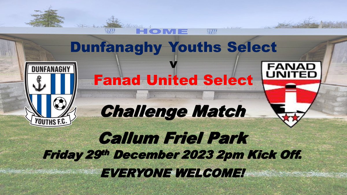 It's friendly action this Friday as we head to the superb new facilities at Callum Friel Park to take on a Dunfanaghy Youths FC Select. Kick off is at 2pm. 

Seeing as a good few of our players came through at Dunfanaghy there could be a bit of mixed loyalties on display 😀