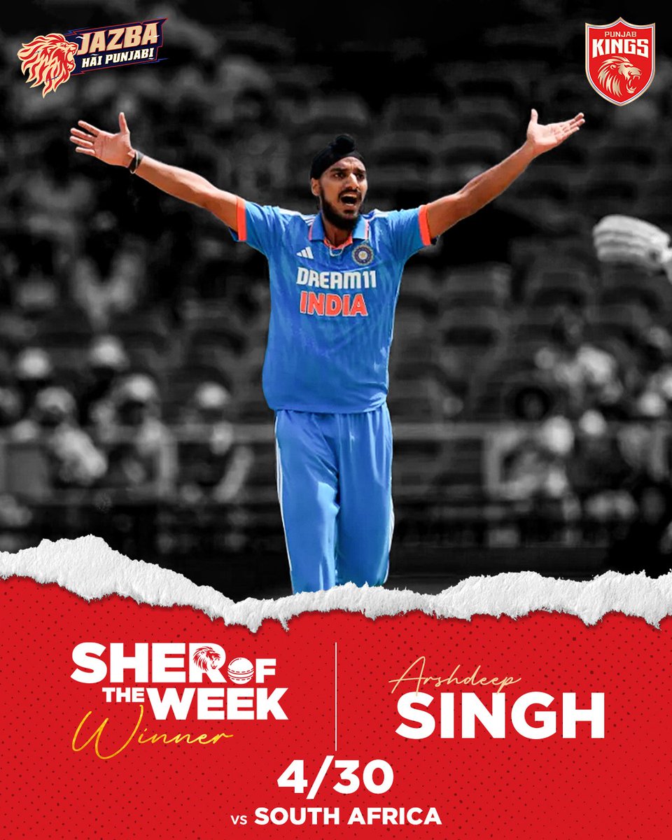 PunjabKingsIPL's tweet photo. 𝘚𝘢𝘥𝘥𝘦 𝘈𝘳𝘴𝘩 𝘥𝘢 𝘬𝘰𝘪 𝘤𝘰𝘮𝘱𝘦𝘵𝘪𝘵𝘪𝘰𝘯 𝘯𝘢𝘩𝘪! 😎

#SherSquad, Arshdeep once again clinches the #SherOfTheWeek title for his crucial spell in the series decider. 👑

#ArshdeepSingh #SaddaPunjab #PunjabKings #JazbaHaiPunjabi https://t.co/6r5PP5ql2N