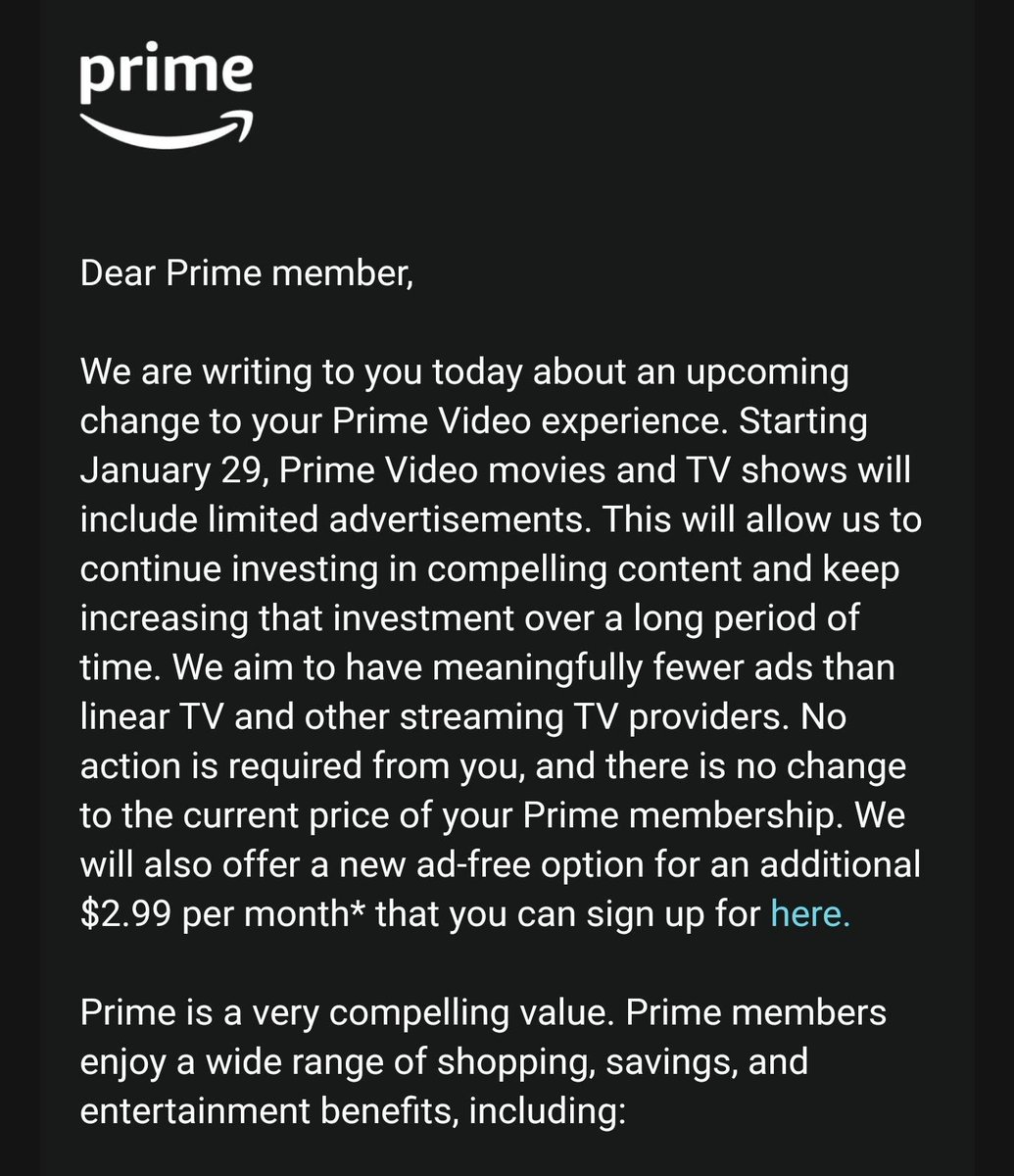 narayan9deep's tweet photo. Amazon Prime (a subscription service that has no free tier) will now include 𝑙𝑖𝑚𝑖𝑡𝑒𝑑 𝑎𝑑𝑣𝑒𝑟𝑡𝑖𝑠𝑒𝑚𝑒𝑛𝑡𝑠 in movies and TV shows. And to have a completely ad-free experience, you need to pay extra.

This is atrocious. 

#AmazonPrime #Amazon #Prime https://t.co/7jQ2WSFKrq