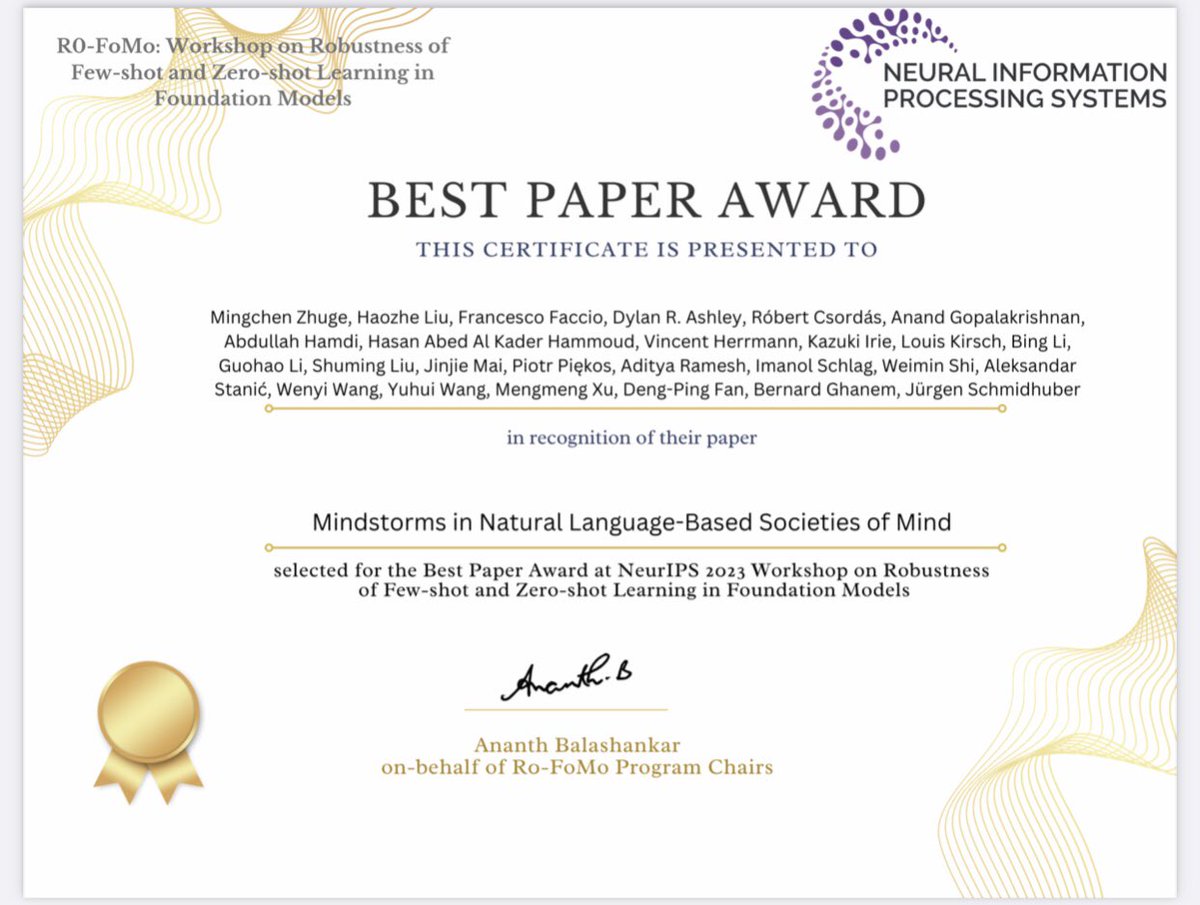 Happy to share our latest paper “Mondstorms” has been selected as the best paper at the Robustness workshop of foundation models <a href="/NeurIPSConf/">NeurIPS Conference</a> this year.

Huge project led by the one and only <a href="/SchmidhuberAI/">Jürgen Schmidhuber</a> and amazing colleagues <a href="/AI_KAUST/">Artificial Intelligence @ KAUST</a> 

Paper link : arxiv.org/abs/2305.17066