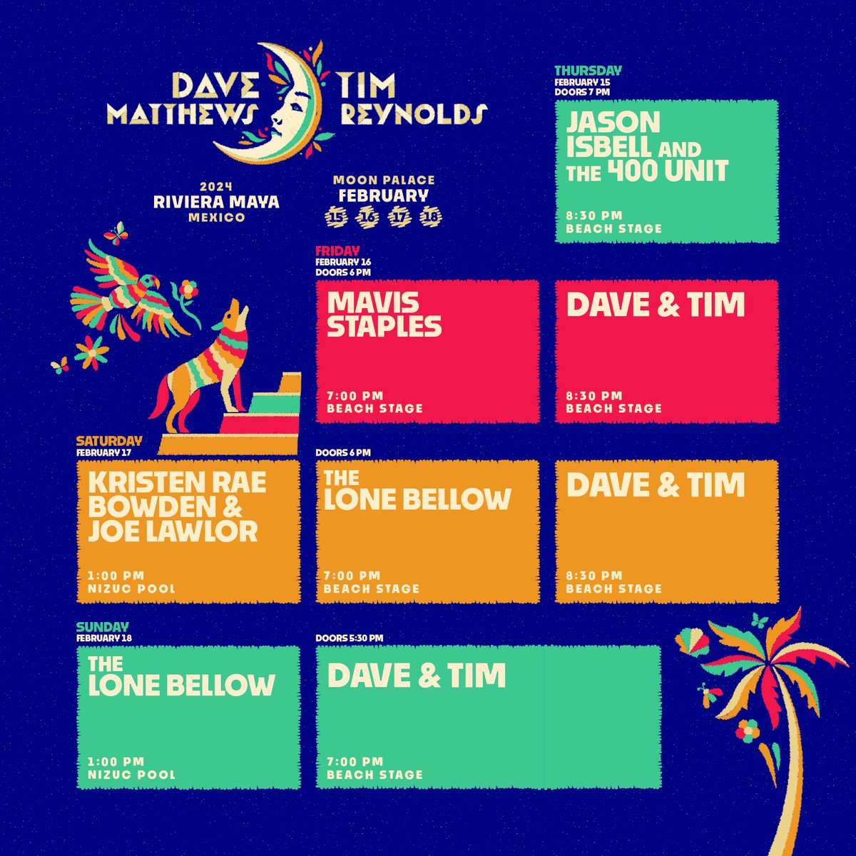 Your 2024 #DaveTimMexico performance schedule is here! See you on the sand with Dave & Tim and Friends 🌙🛕