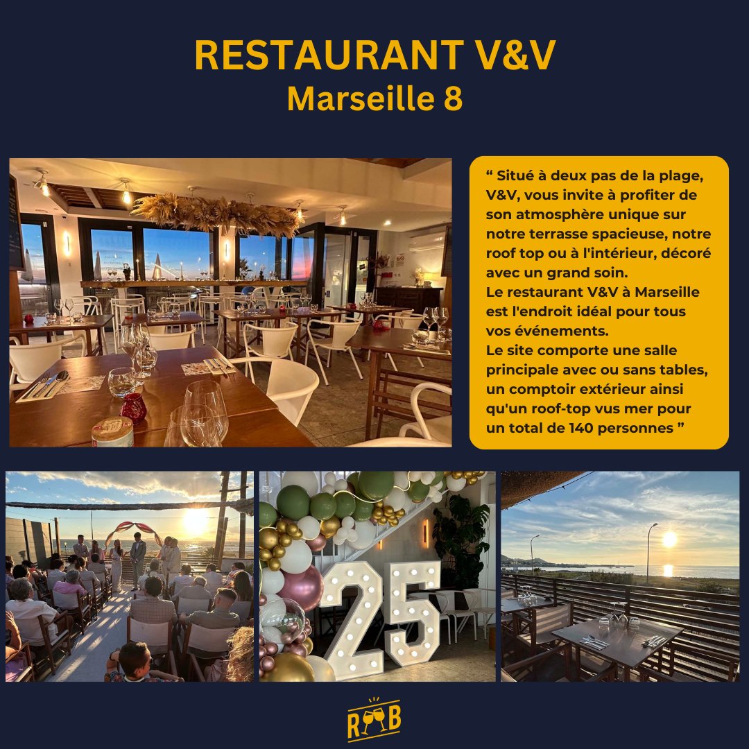 Pour votre prochain événement, réservez le Restaurant V&amp;V !  🤩

 👉 reserverunbar.fr/lieu/6806/rest…

-

#marseille #restaurant #evenement #anniversaire #mariage #plage