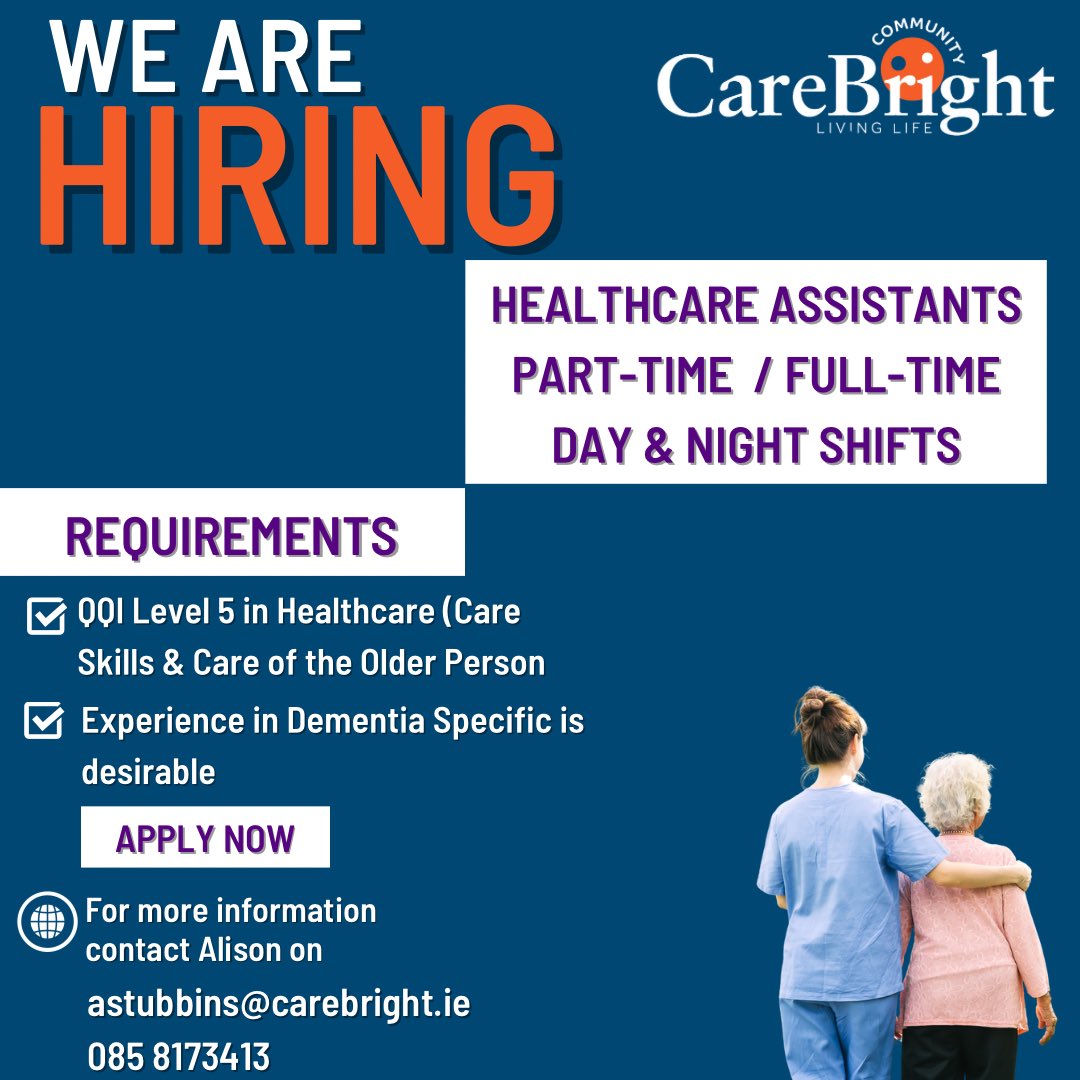 We are hiring!

Contact us to enquire about a new and rewarding career 💜

#CareBright #Career #JobFairy #LimerickJobs #HealthCareAssistant