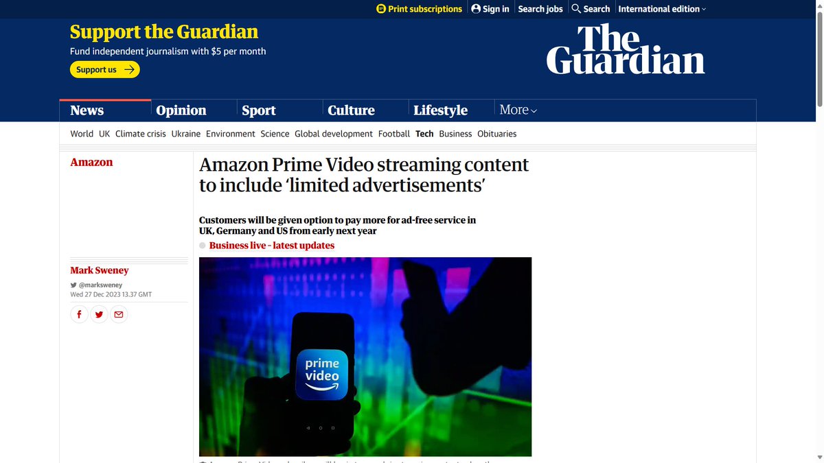 narayan9deep's tweet photo. Amazon Prime (a subscription service that has no free tier) will now include 𝑙𝑖𝑚𝑖𝑡𝑒𝑑 𝑎𝑑𝑣𝑒𝑟𝑡𝑖𝑠𝑒𝑚𝑒𝑛𝑡𝑠 in movies and TV shows. And to have a completely ad-free experience, you need to pay extra.

This is atrocious. 

#AmazonPrime #Amazon #Prime https://t.co/7jQ2WSFKrq