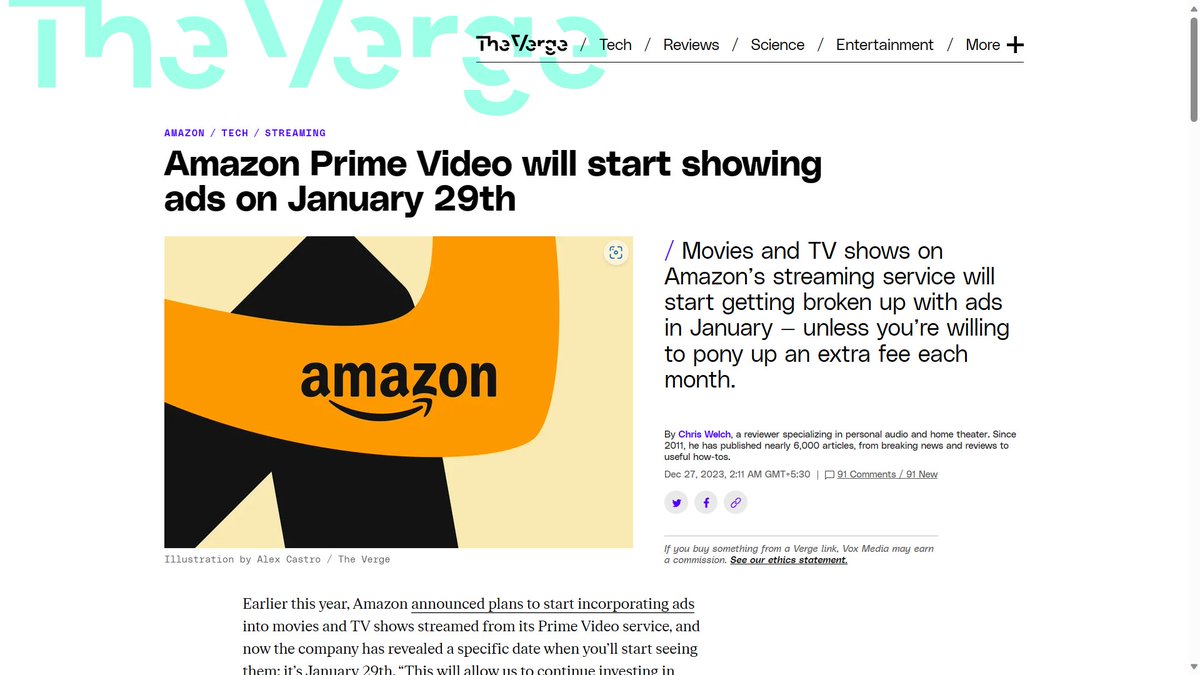 narayan9deep's tweet photo. Amazon Prime (a subscription service that has no free tier) will now include 𝑙𝑖𝑚𝑖𝑡𝑒𝑑 𝑎𝑑𝑣𝑒𝑟𝑡𝑖𝑠𝑒𝑚𝑒𝑛𝑡𝑠 in movies and TV shows. And to have a completely ad-free experience, you need to pay extra.

This is atrocious. 

#AmazonPrime #Amazon #Prime https://t.co/7jQ2WSFKrq