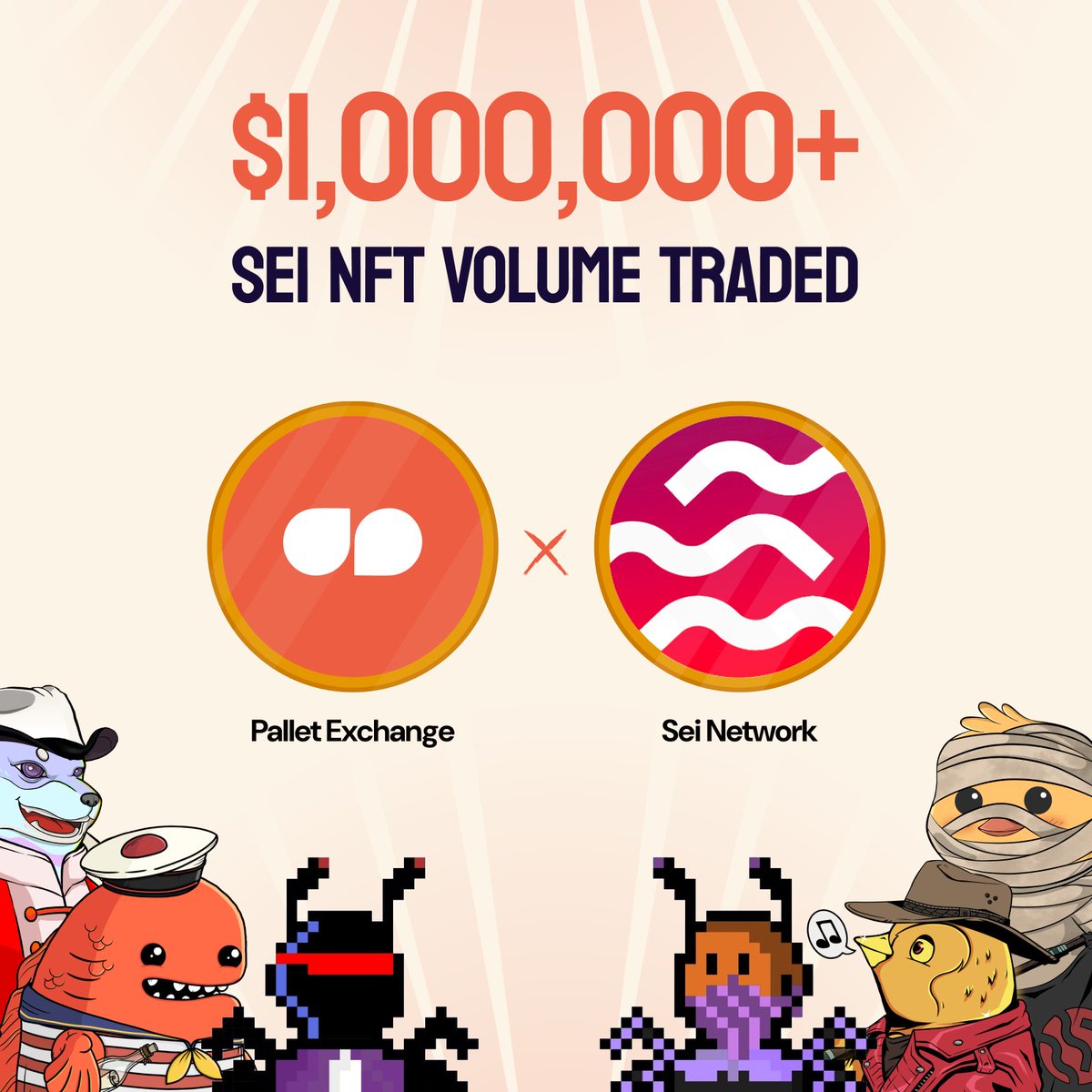 Pallet 🤝 $SEI NFTs

Pallet Exchange has crossed over $1million in marketplace volume!

This is a huge milestone for not only ourselves, but this vastly growing ecosystem. 

We are still extremely early. NFTs on $SEI are just getting started. 🔴⚪️
