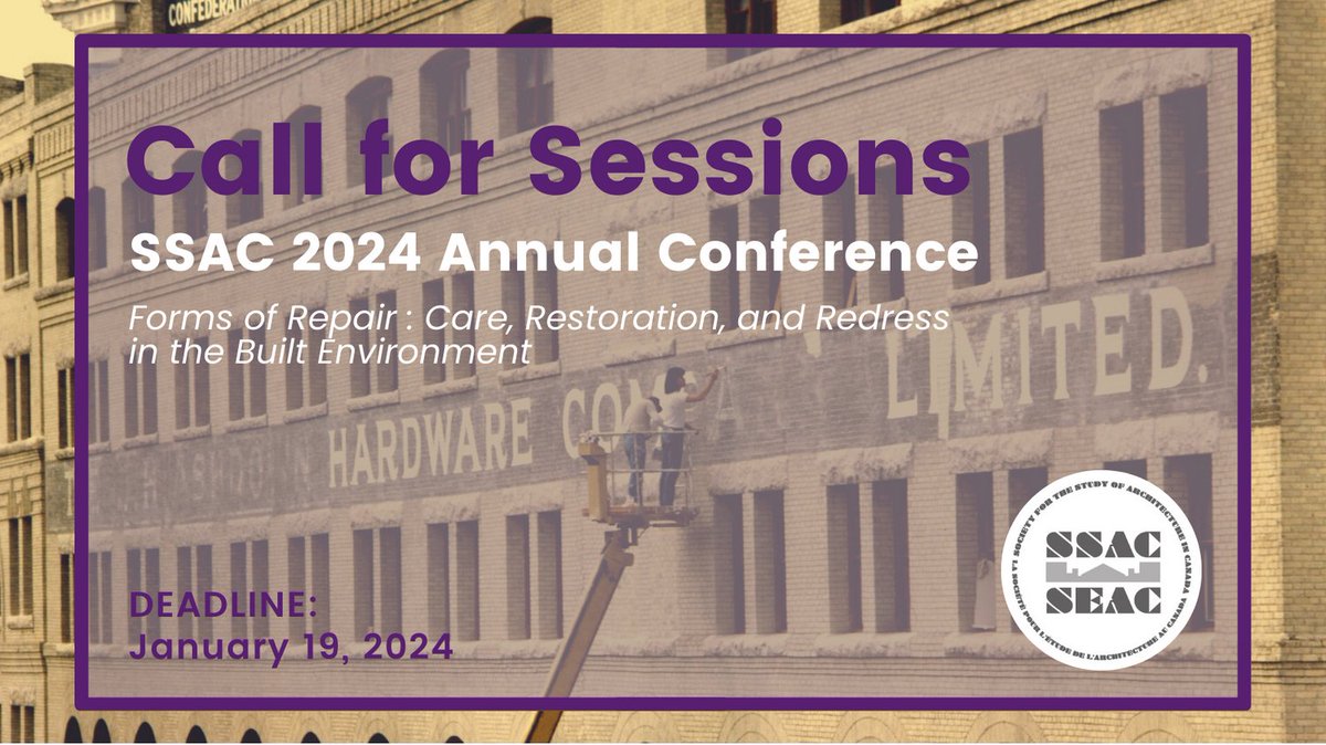 The call for sessions for the SSAC 2024 Annual Conference in Winnipeg, Manitoba, May 22 to 25, 2024 is open now until January 19, 2024! For more details: canada-architecture.org/ssac-2024-call…