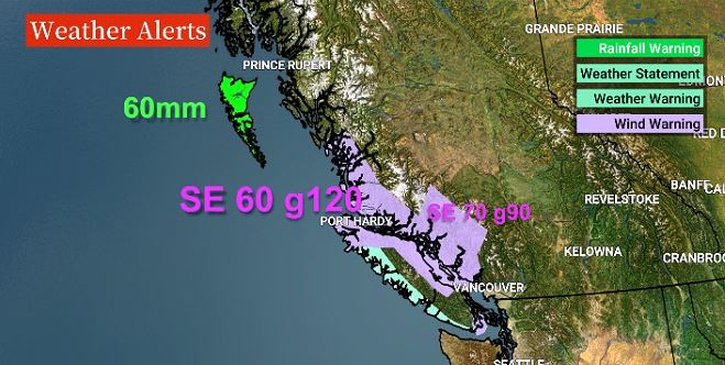 Active weather in play for the BC Coast today - wind warnings plus wave and ocean levels of concern around high tide for West Vancouver Island and shorelines for Greater Victoria