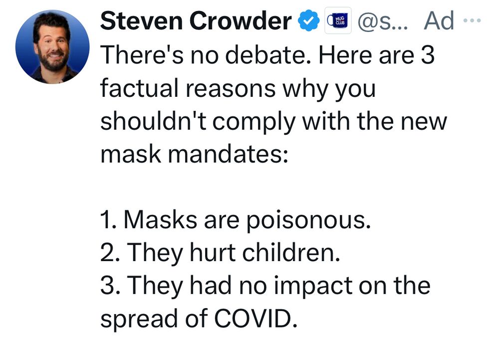 This monster is paying Xitter to spread his lies that will directly result in disease and death. Stop posting here. Come to the Blue place of clear Skies. I can give you the invite!