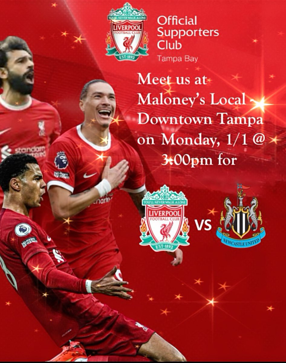 🔴We will be at Maloney's Local-Downtown Tampa for Mondays PL match against Newcastle on New Years Day.
Kick off is at 3:00pm. Come out and support the Reds!! Up the Reds! ⚽️