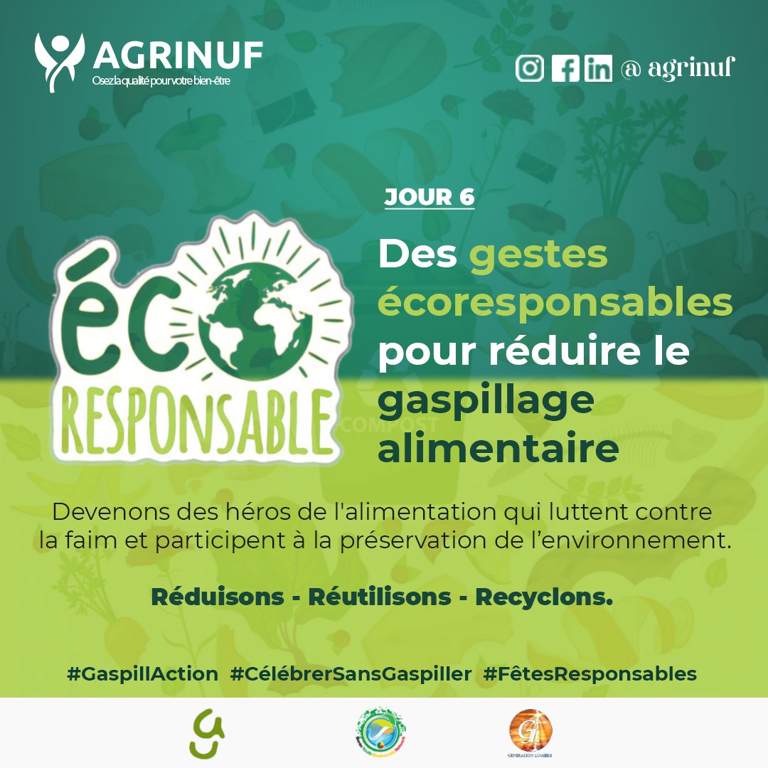 #CélébrerSansGaspiller #Jour6

🟢 Ensemble, devenons des héros de l'alimentation ! Chaque geste compte dans la lutte contre le gaspillage alimentaire.

#GaspillAction #FêtesResponsables #RéduisonsleGaspillage #EnsemblePourUnMondeDurable #BYBN #AGRINUF