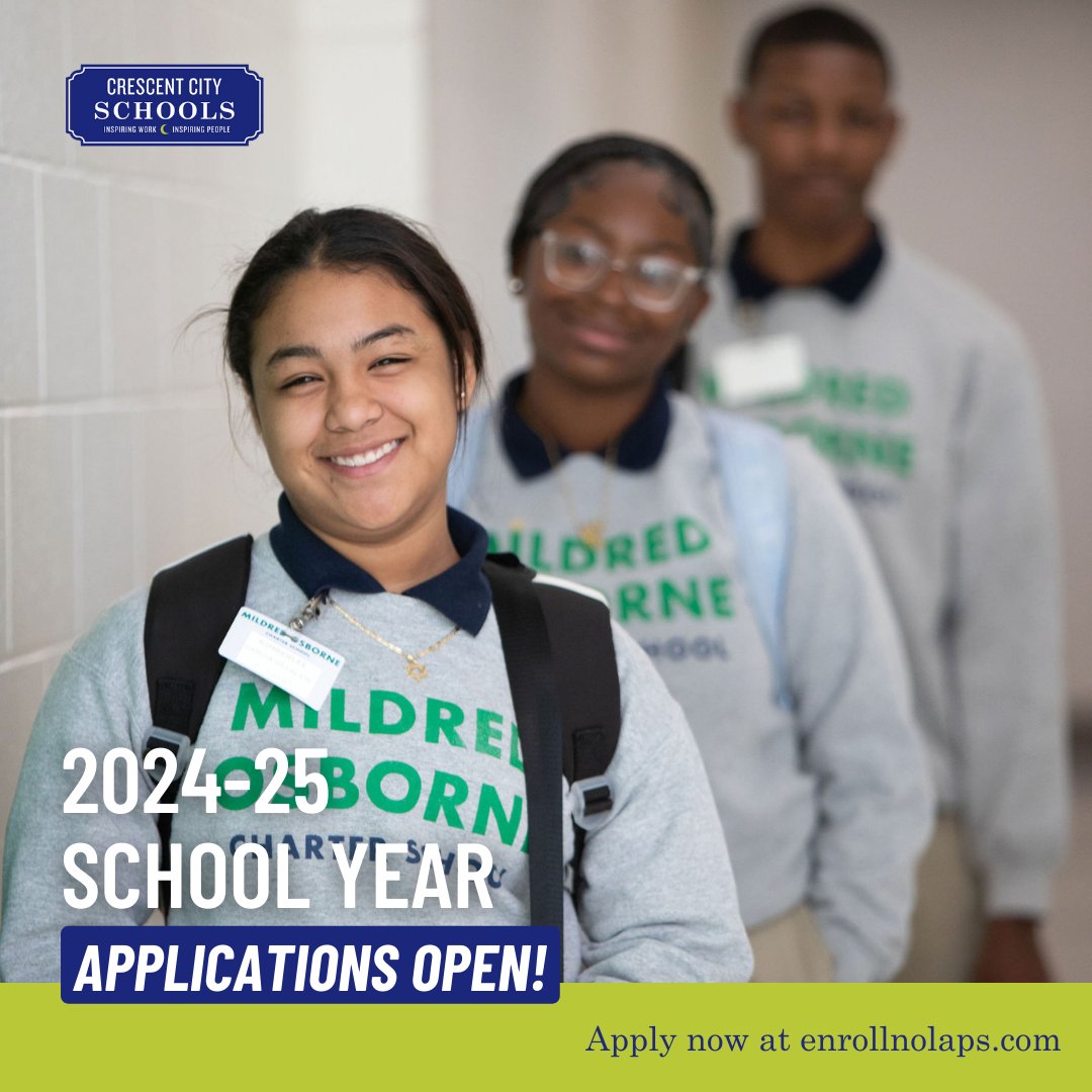 CCSNOLAed's tweet photo. Let the learning journey begin! Applications for K-12 students in the 2024-2025 school year are now open. 🎉 

Start your scholar's application now at https://t.co/iXTMYPnP7V 

Main round applications close on January 19! 

#CrescentCitySchools https://t.co/2DQjH2pabT