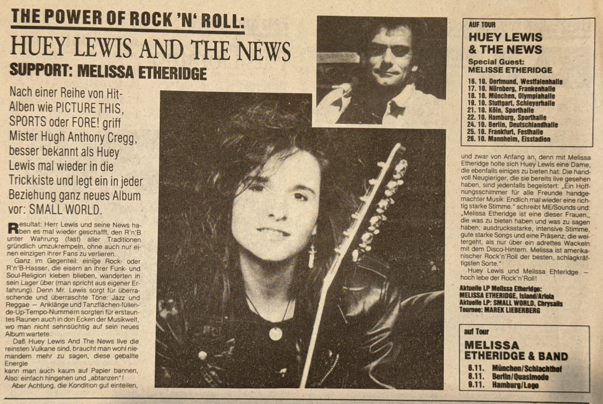 superfan_MLE's tweet photo. A find from 1988 from a German music magazine. Among Huey, it reports on the support act @metheridge from @HueyLewisNews on their tour of Germany in October 1988 https://t.co/wvJx6uMzch