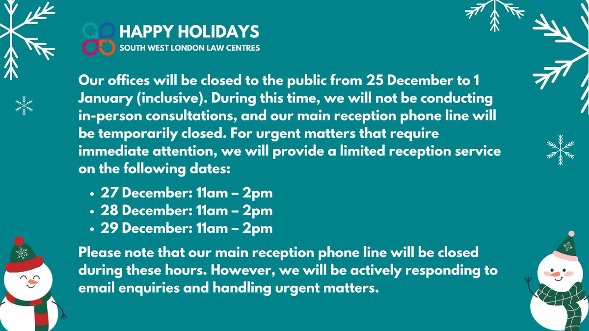 Happy holidays! This is a reminder that there is some changes to our operating hours.