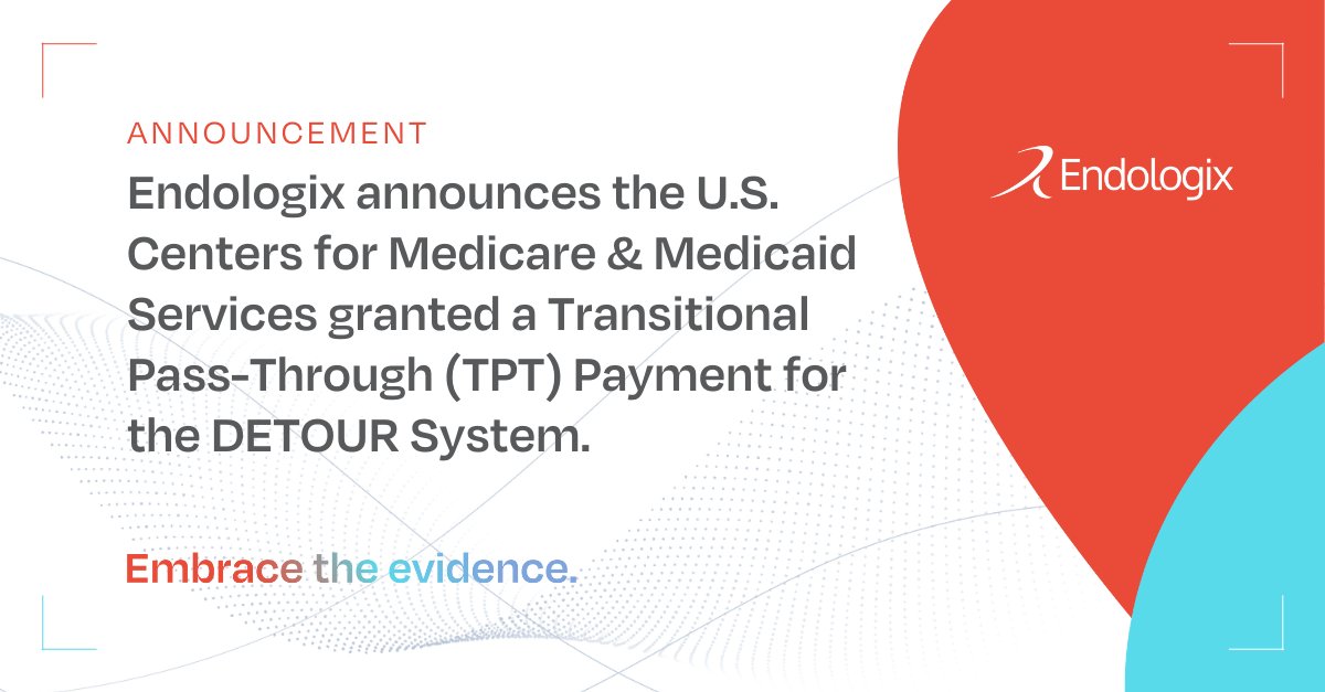 endologix's tweet photo. Endologix announces the U. S. Centers for Medicare &amp; Medicaid Services granted a Transitional Pass-Through (TPT) Payment for the DETOURTM System.
Read the press release here: https://t.co/UCu2B2zxw8 and learn more about the DETOUR System today! https://t.co/DvK6hiZFFZ https://t.co/dzN2MU7ux2