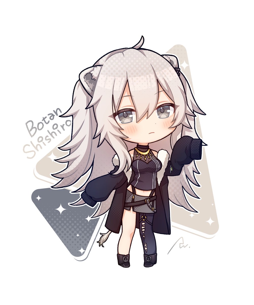 shishiro botan ,shishiro botan (1st costume) 1girl lion ears solo animal ears chibi grey eyes lion girl  illustration images