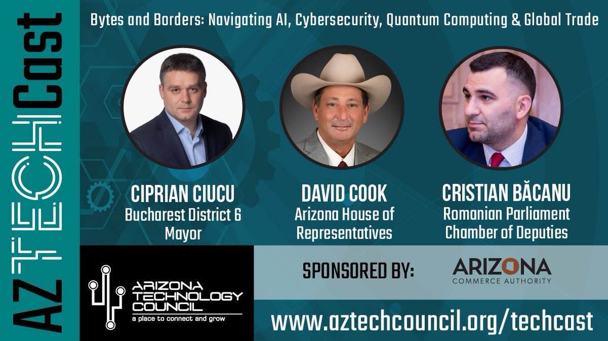 aztechcouncil's tweet photo. ๐ ICYMI | #AZTechCast: Earlier in Dec, a panel of experts from Romania & here in #AZ discussed the global implications at the nexus of technology, security, & international commerce. ๐ Listen to @CiucuCiprian, @CristianBacanu & @azhouseofreps David Cook: https://t.co/WMijHH5QaL https://t.co/I2E6dVmnVD