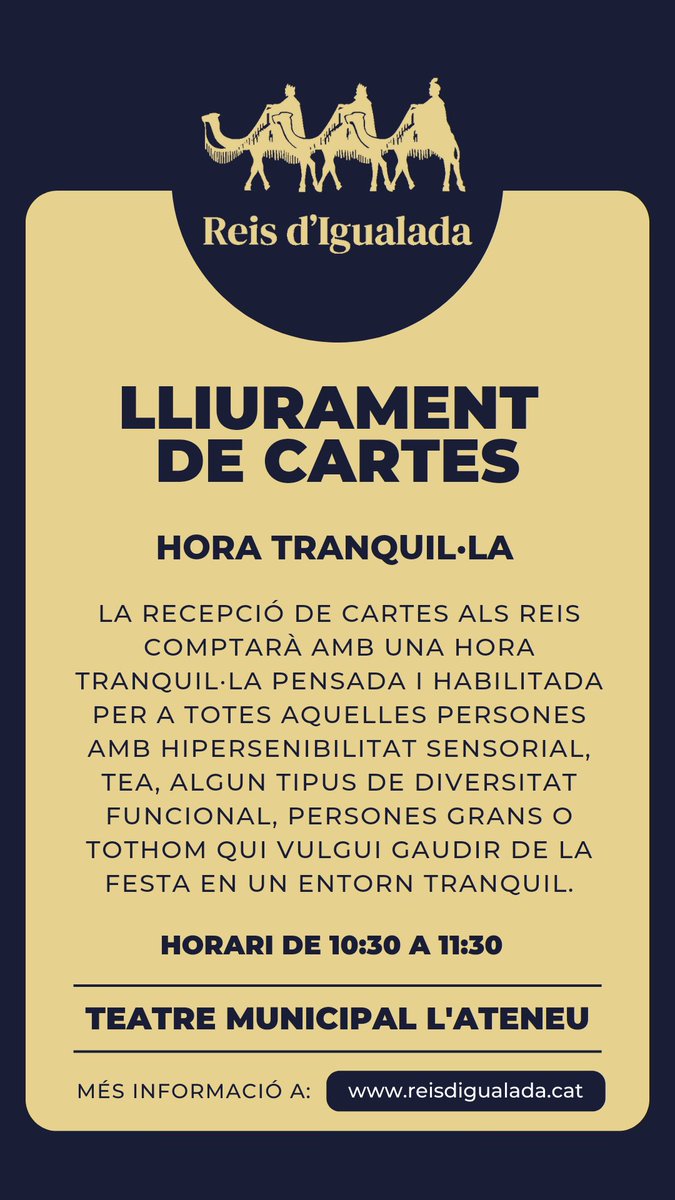 reisdigualada's tweet photo. El lliurament de cartes al Patge Faruk comptarà amb una hora tranquil·la, pensada especialment per a totes aquelles persones amb hipersensibilitat sensorial, TEA, algun tipus de diversitat funcional o persones que no poden gaudir de la festa en el seu format habitual. https://t.co/1jN5Q7Xh0x