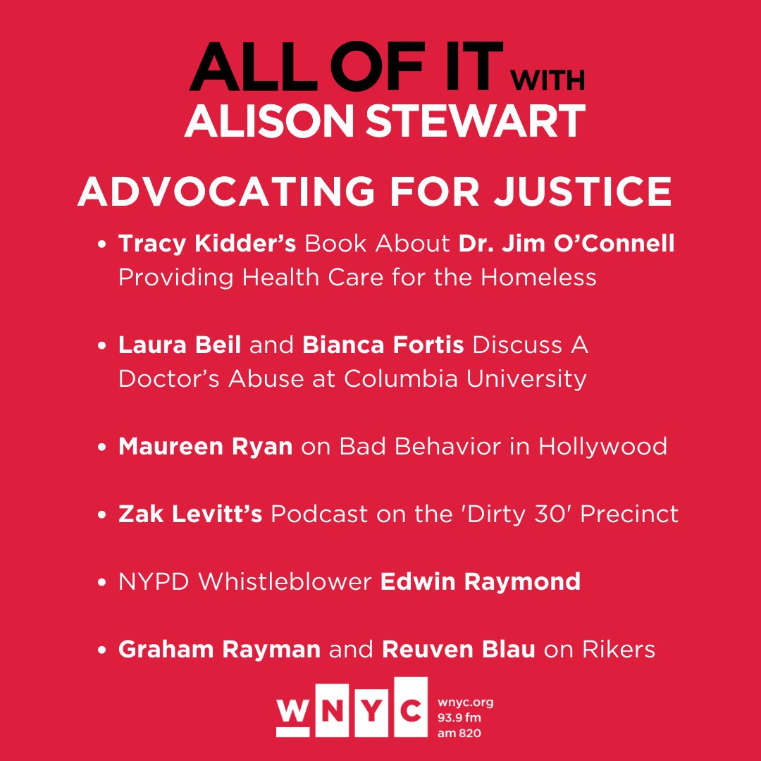 Today on All Of It: We're focusing on those advocating for justice! <a href="/tracykiddder/">Tracy Kidder</a>'s book talks about Dr. Jim O'Connell, <a href="/moryan/">Mo Ryan</a> talks about Hollywood, The Set pod host <a href="/ZakLevitt/">Zak Levitt</a>, whistleblower <a href="/EdwinRaymondNYC/">Edwin Raymond</a> and @graham_rayman + <a href="/ReuvenBlau/">reuvenblau.bsky.social</a> about Rikers.

At Noon <a href="/WNYC/">WNYC 🎙</a>!