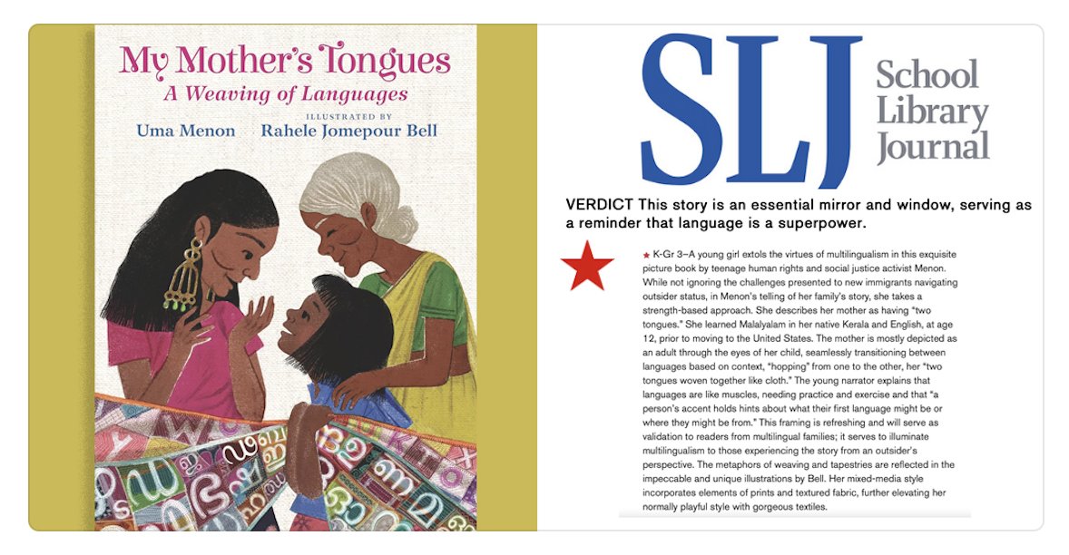 Starred review in School Library Journal for My Mother's Tongues, published by @Candlewick , coming February 2024 @christyewers_cat_agency @the_cat_agencyThank you @sljournal