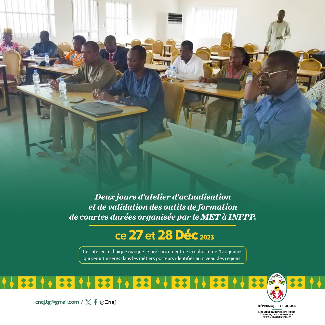 La #CNEJ a participé à l'atelier d'actualisation et de validation des outils de formation de courtes durées #FCD organisé par le #META du 27 au 28 décembre 2023.  
<a href="/PresidenceTg/">Présidence Togolaise/Togolese Presidency</a> <a href="/PrimatureTogo/">Primature Togo</a> <a href="/Devbase_Tg/">Devbase Togo</a> <a href="/EducationTg/">Ministère des Enseignements Primaire et Secondaire</a>