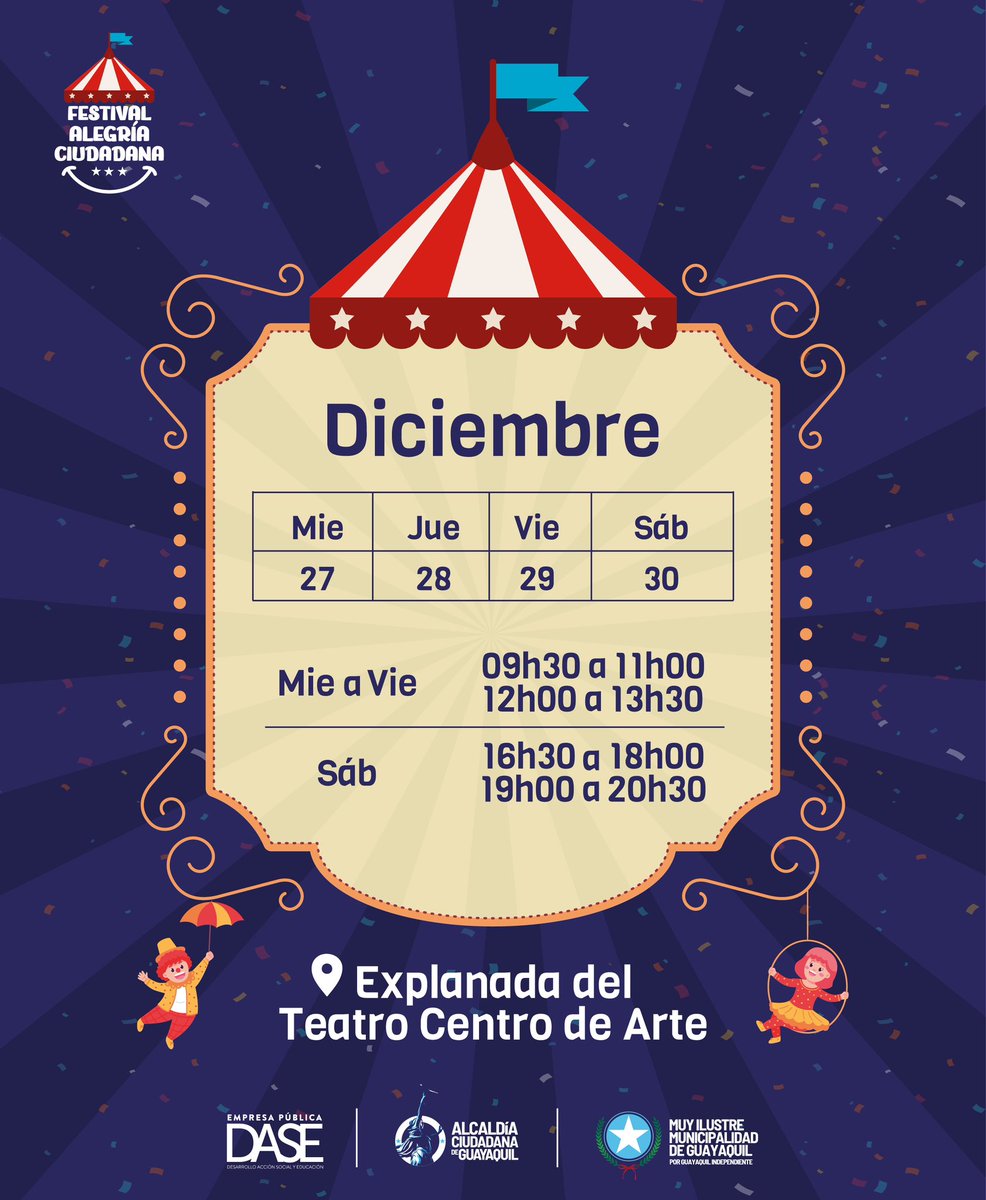 DASEAlcaldiaGye's tweet photo. Te invitamos a vivir la magia del Festival Alegría Ciudadana 🎪

¿Cómo solicitar las entradas GRATUITAS? 

📲 Envía un mensaje a WhatsApp 0939925982 o al correo  infodase@guayaquil.gov.ec

@alcaldiagye
@AquilesDAH 

#AcciónSegura #AlcaldíaCiudadanaGye https://t.co/2GVz0zdXbr