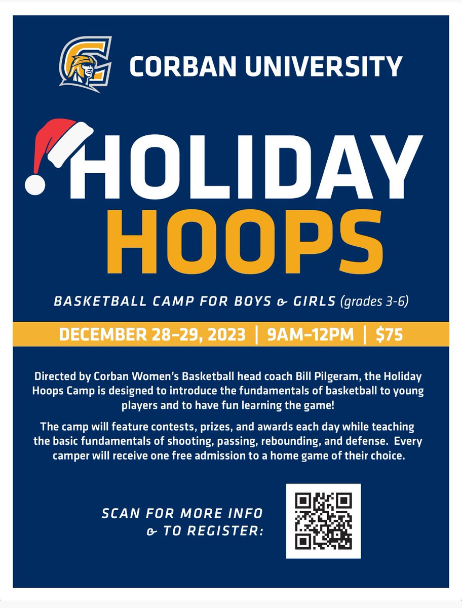 Not sure what to do after Christmas?
Come play 🏀 with <a href="/CorbanWBB/">Corban Women's Basketball</a> this Thursday and Friday!