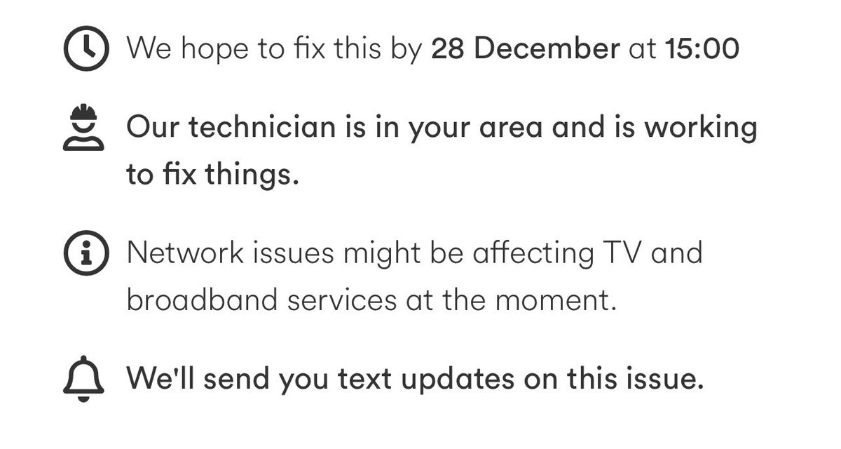 Are you having a laugh, ⁦⁦@virginmedia⁩? No service since 10am today with an aim to fix by 3pm today. Time came and went, and now I discover you’ve pushed it another 24 hours? Also, no update by text like you’re supposed to. Do better.