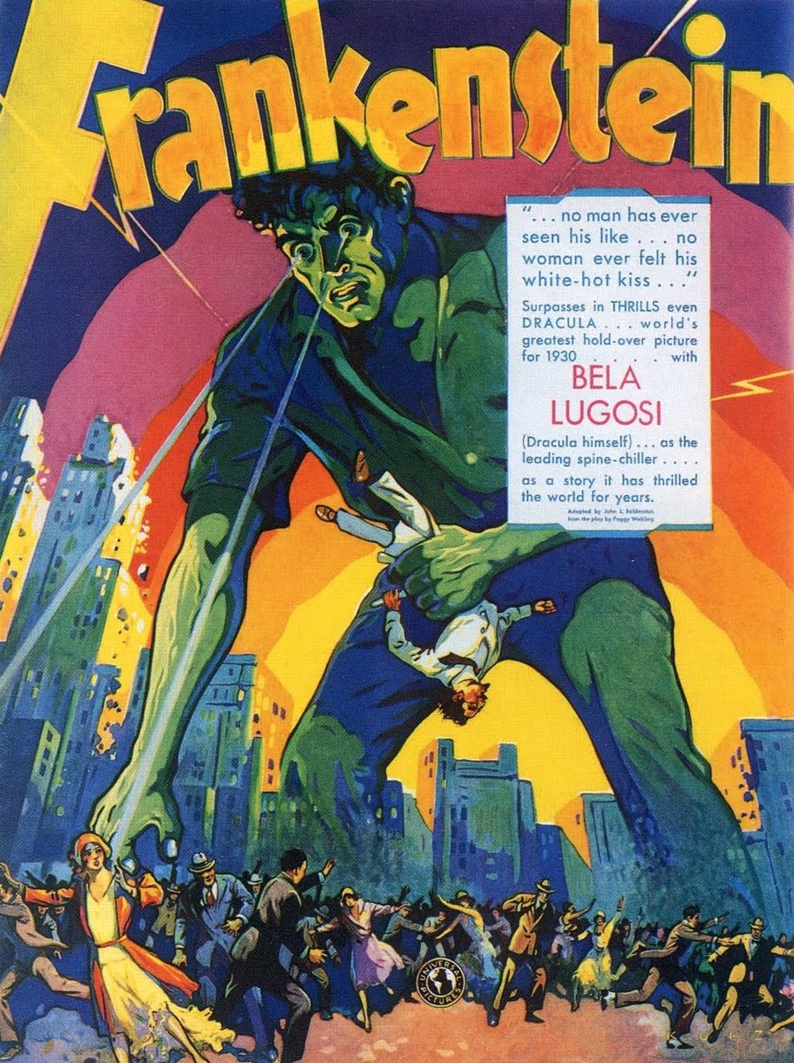 Fred Kulz was an in house artist for Universal Studios who created this promotional image for Frankenstein back in 1931. Made before the look of the creature had been conceived and whilst Bela Lugosi was still desired for the role, which he ended up turning down.